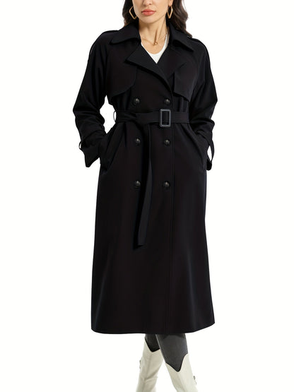 Elegante Maxi Trenchcoat Voor Dames Dubbelrijig Met Ceintuur