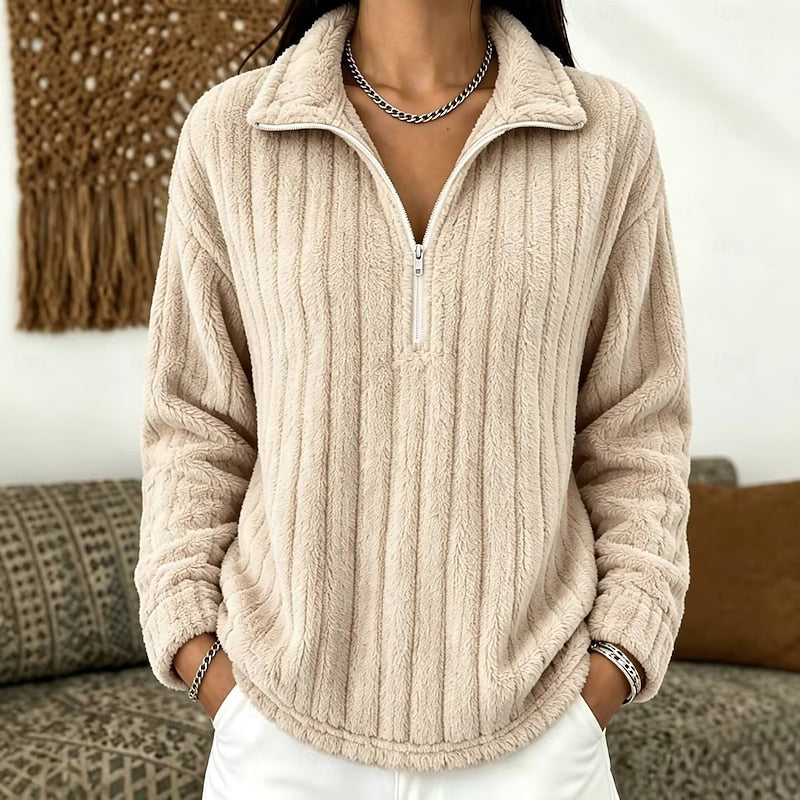 Dames Zachte Geribbelde Trui met Quarter-Zip en Kraag
