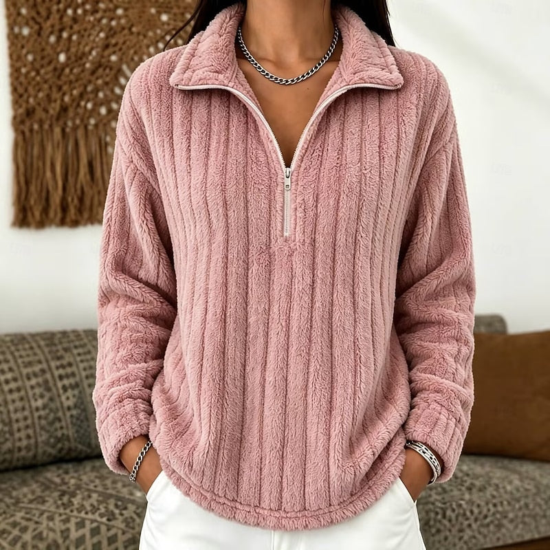 Dames Zachte Geribbelde Trui met Quarter-Zip en Kraag