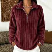 Dames Zachte Geribbelde Trui met Quarter-Zip en Kraag