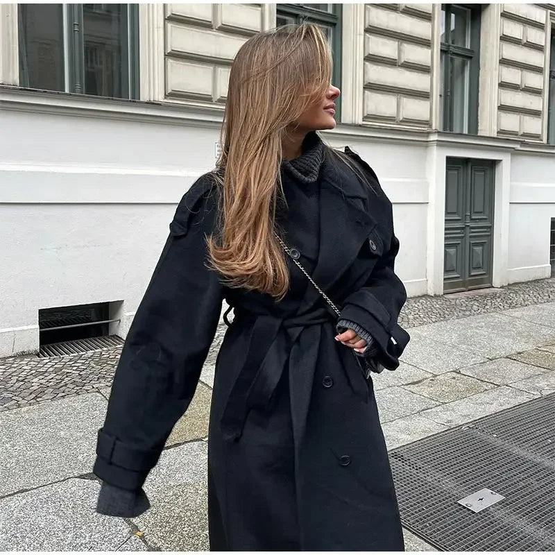 Long Manteau Oversize avec Ceinture pour Femme