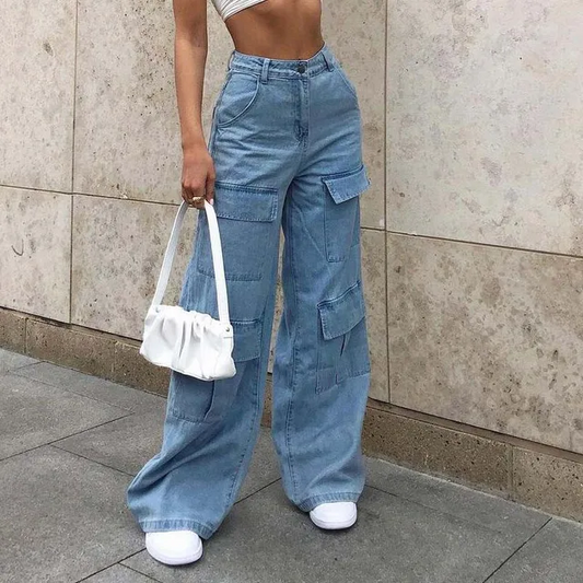 Vrouwen Cargo Jeans Wijde Pijpen Hoge Taille