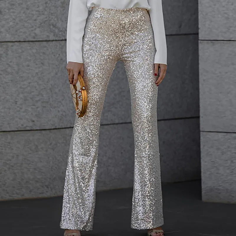 Glitter Pailletten Dames Hoge Taille Flared Broek