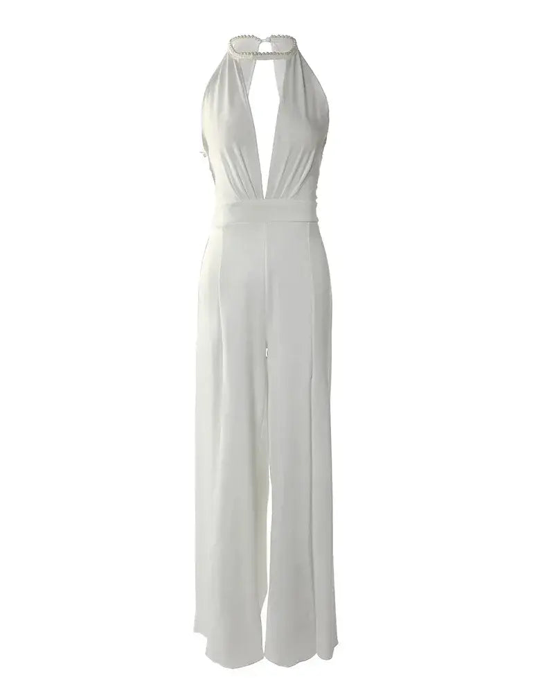 Elegante Dames Jumpsuit Met Open Rug En Halterhals