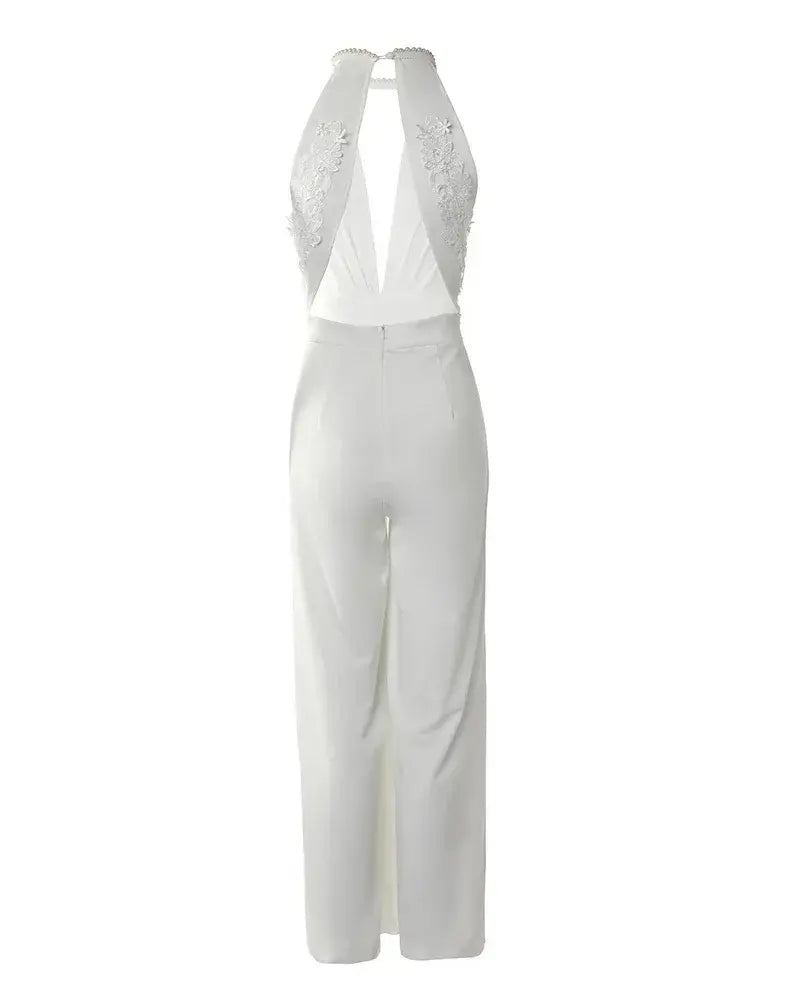 Elegante Dames Jumpsuit Met Open Rug En Halterhals