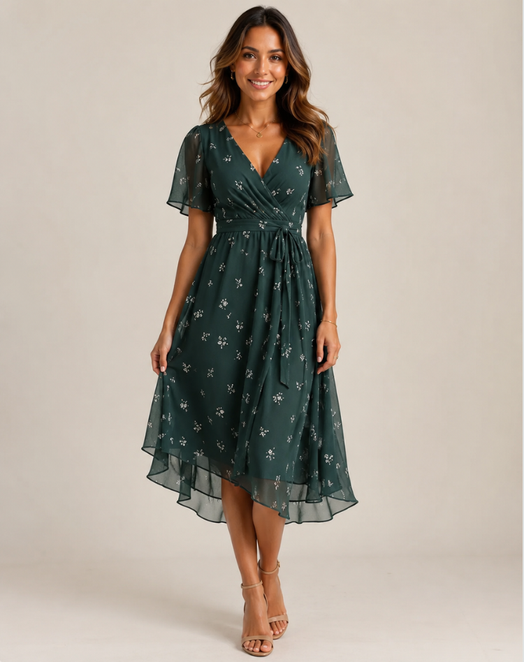 Women's Midi Dress with V-Neck and Floral Print