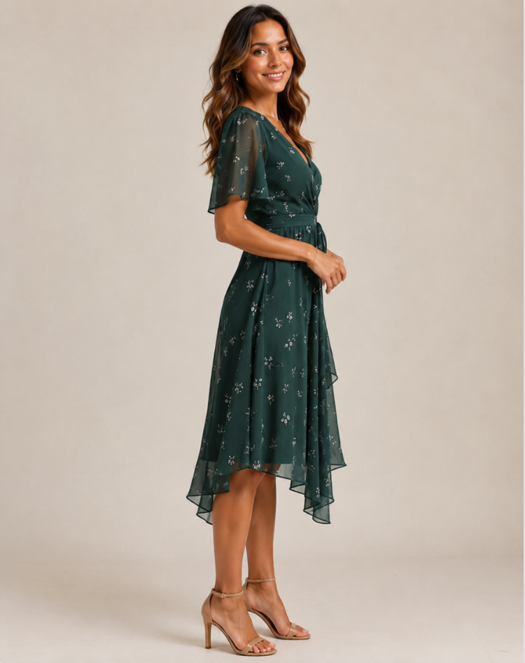 Women's Midi Dress with V-Neck and Floral Print