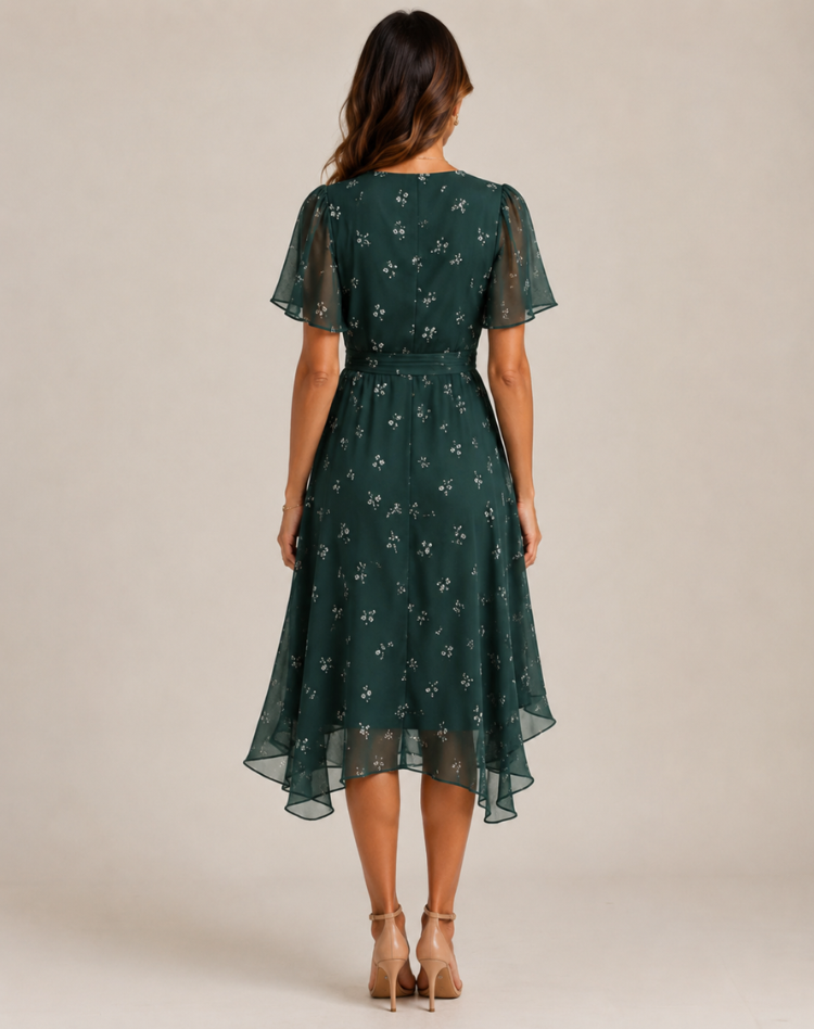 Women's Midi Dress with V-Neck and Floral Print
