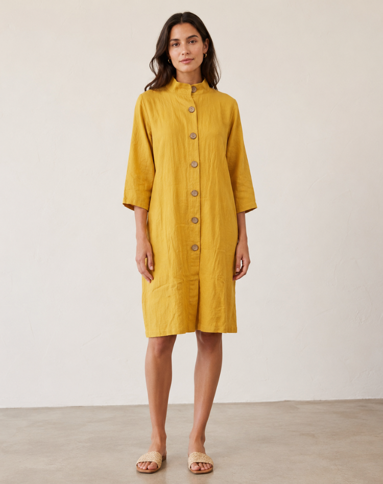 Airy Linen Women’s Midi Dress with Collar and Button Closure