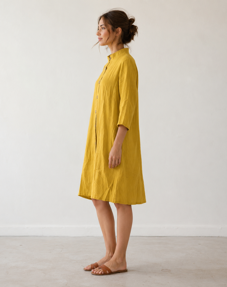 Airy Linen Women’s Midi Dress with Collar and Button Closure