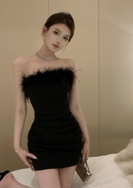 Strapless Mini Jurk met Veren Bodycon Feestjurk voor Dames
