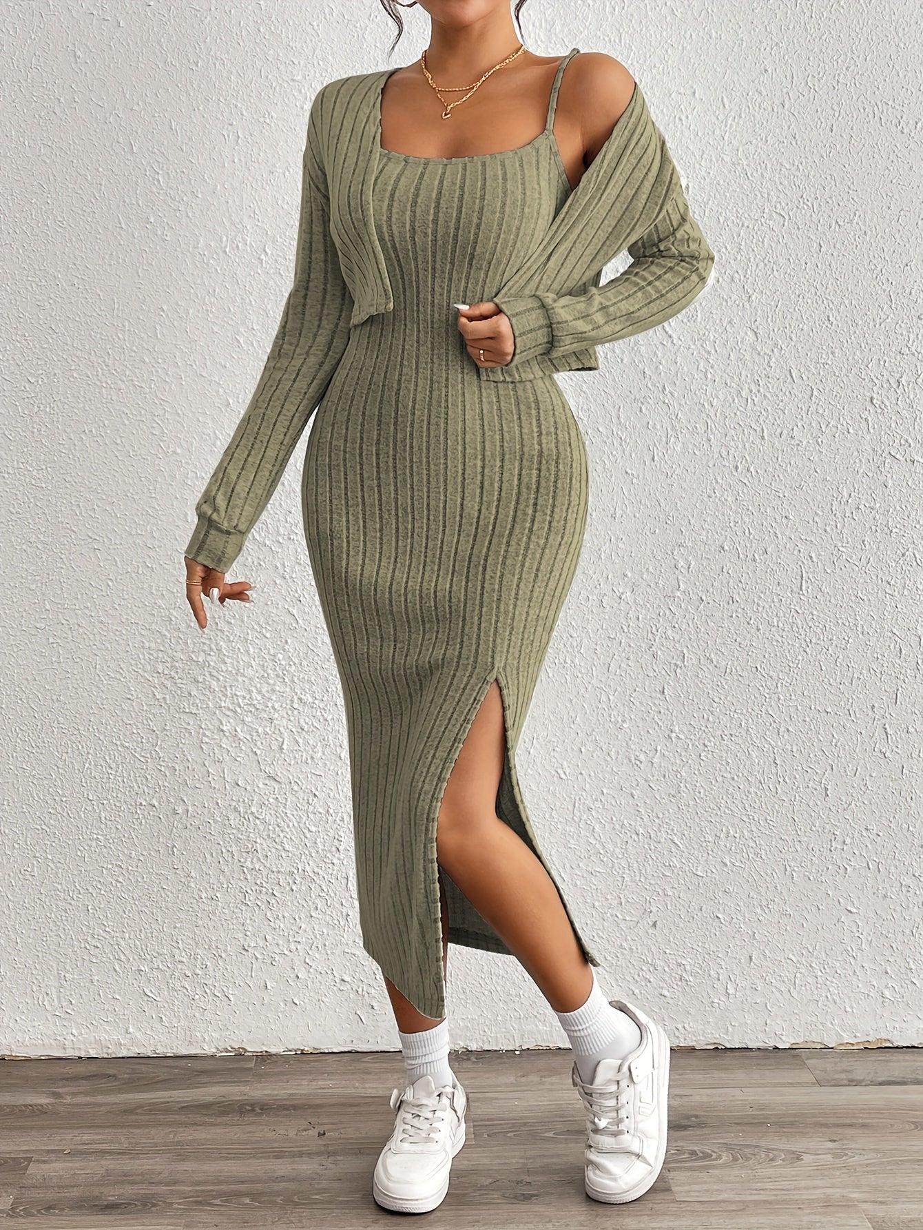 Trendy Aansluitende Midi jurk Set Voor Dames Met Kort Vest En Split