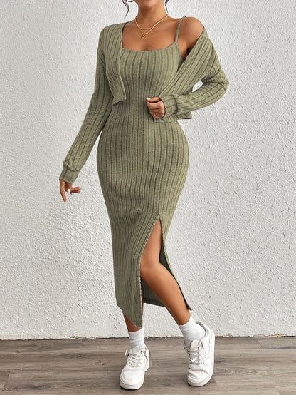 Trendy Aansluitende Midi jurk Set Voor Dames Met Kort Vest En Split