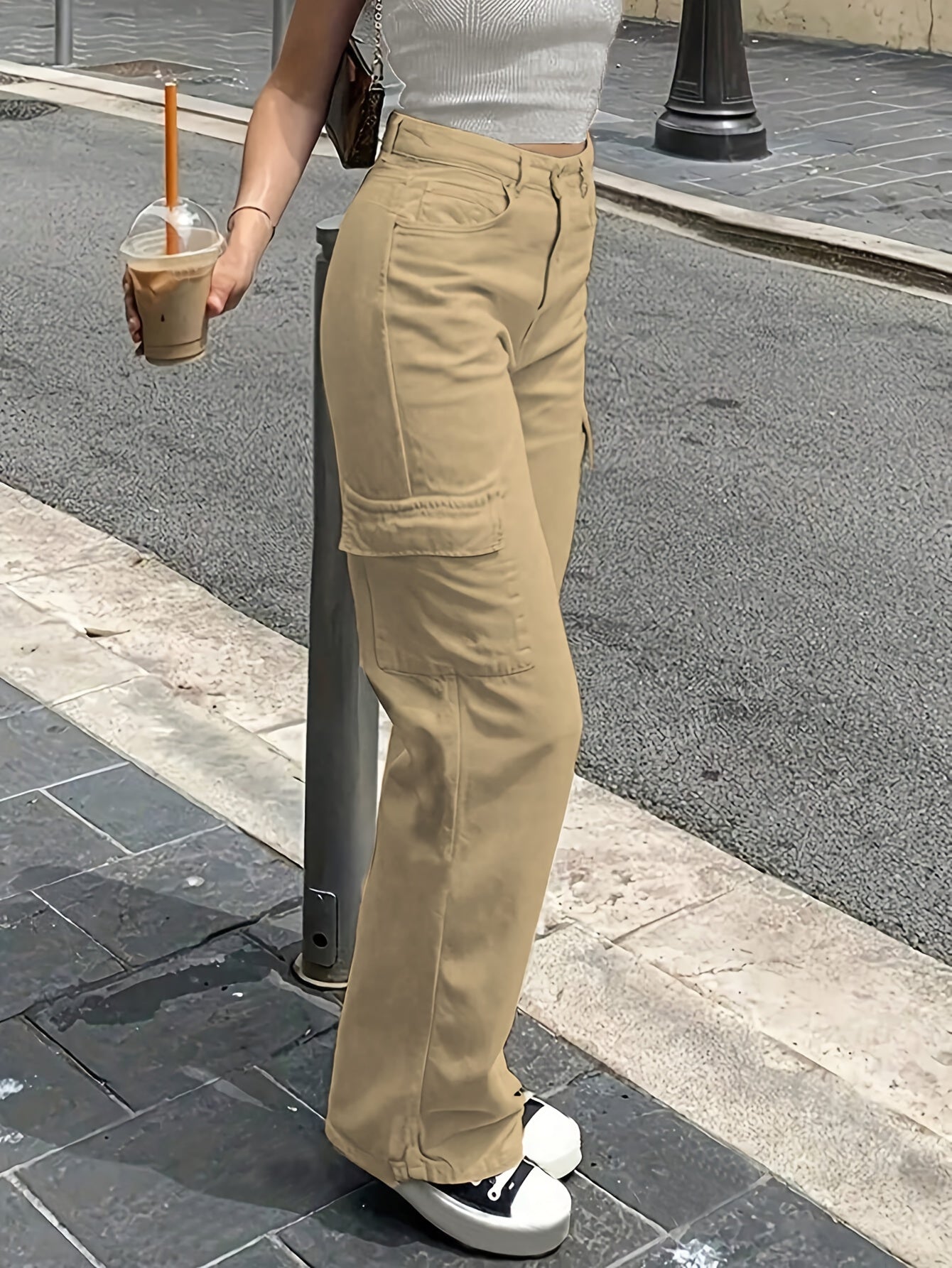 Dames Cargo Broek Met Hoge Taille En Wijde Pijpen