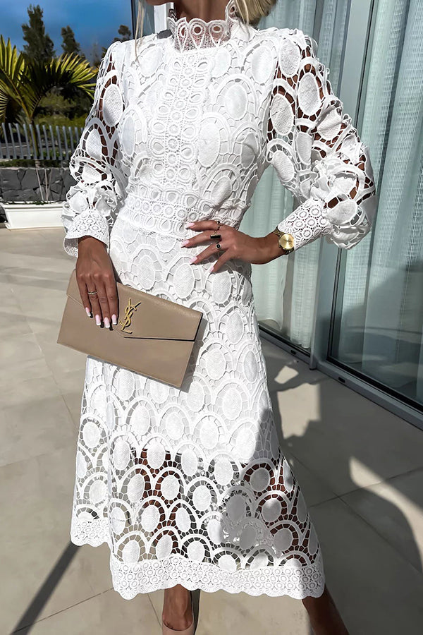 Indy-Rose - Midi dress with lace high neck and puff sleeves