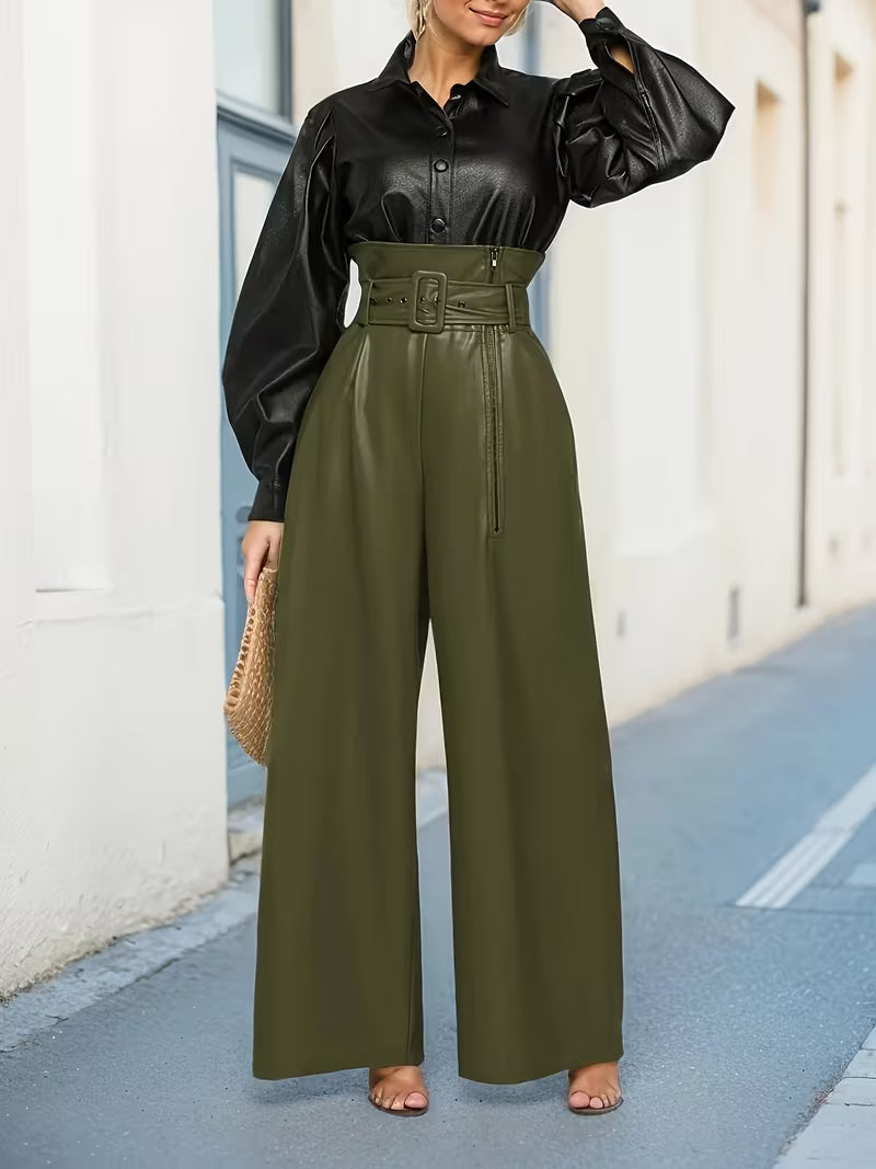 Stylish Women's Leather Pants with High Waist and Wide Legs