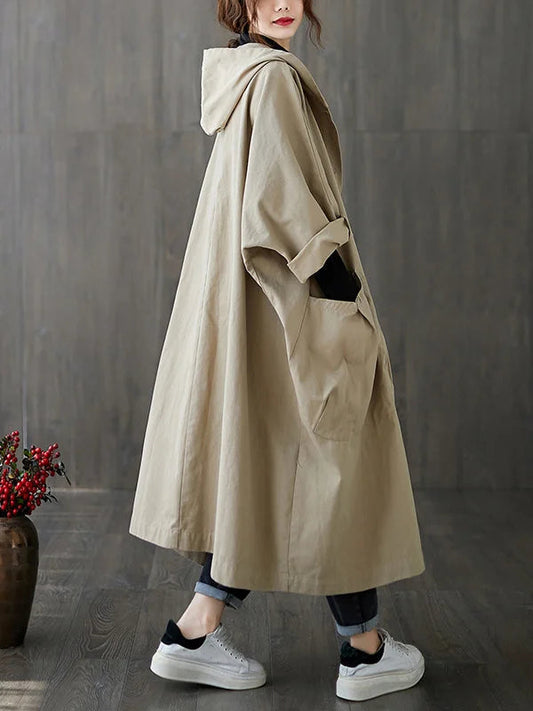 Oversized Midi Trenchcoat Met Capuchon En Grote Zakken Voor Dames