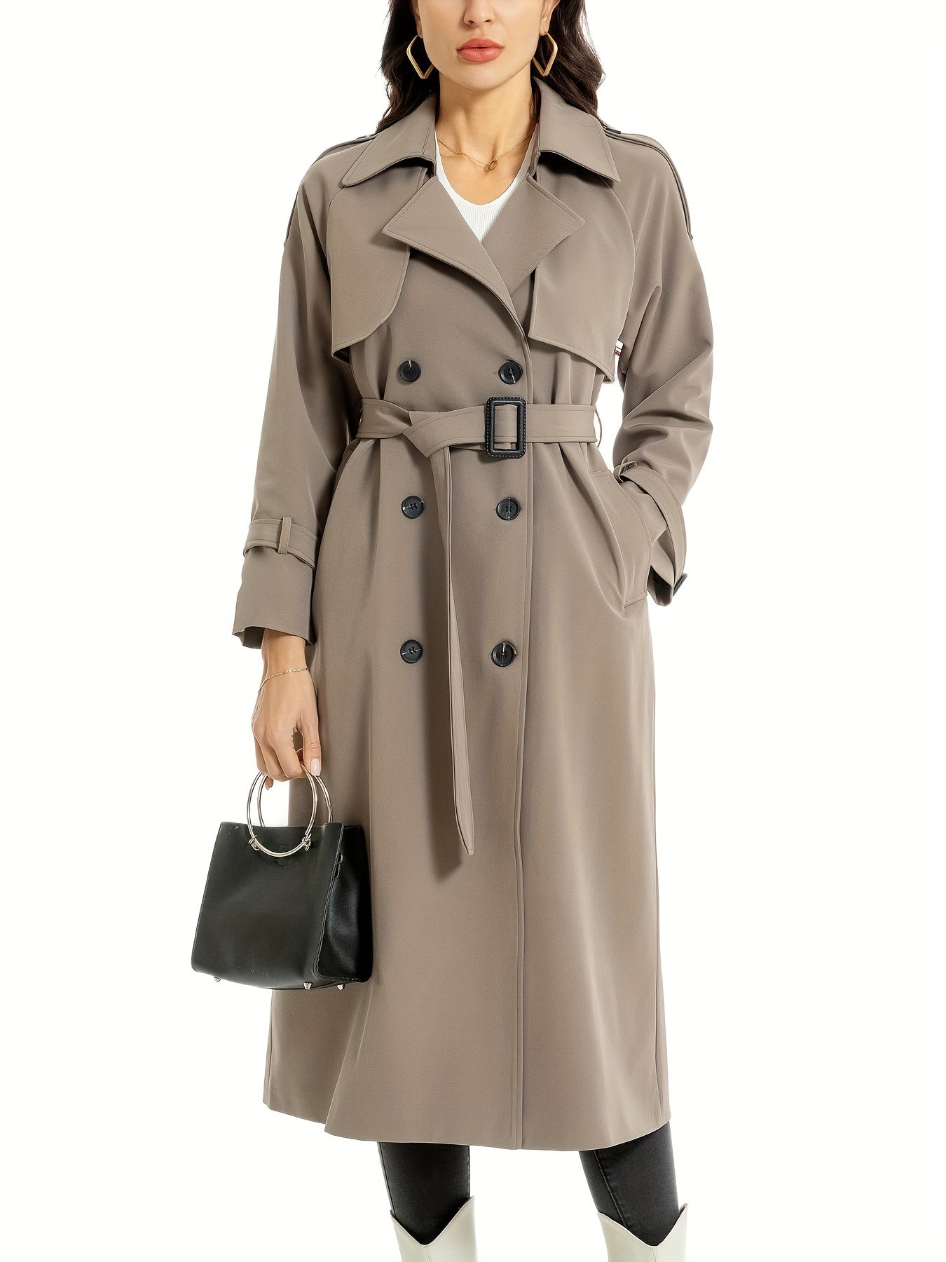Elegante Maxi Trenchcoat Voor Dames Dubbelrijig Met Ceintuur