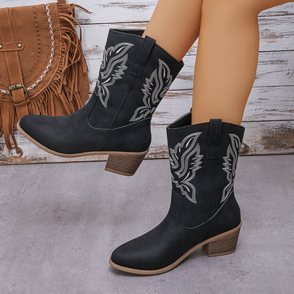Zwarte Vintage Dames Cowboylaarzen Met Stiksels