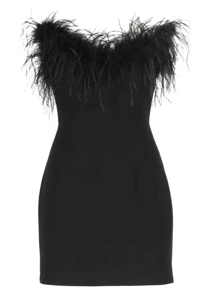 Zwarte Strapless Mini Jurk met Veren Bodycon Feestjurk voor Dames