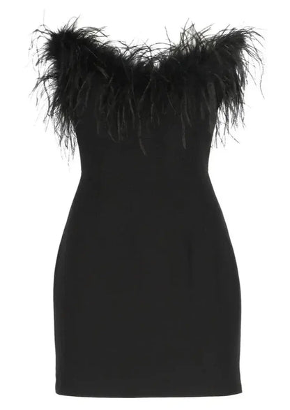 Zwarte Strapless Mini Jurk met Veren Bodycon Feestjurk voor Dames