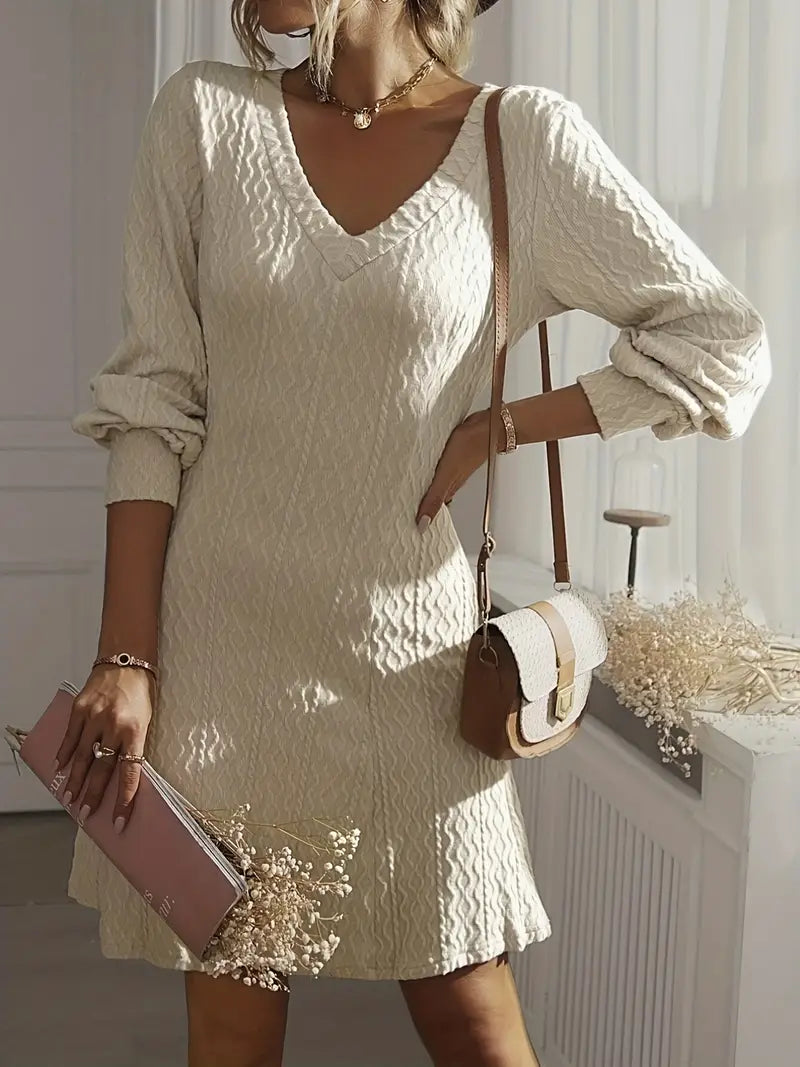 Dames Mini Sweaterjurk Wit V-hals Lange Mouwen Chique met Relief