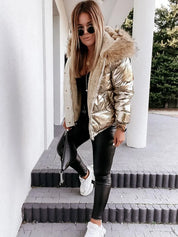 Metallic Women's Puffer Jacket with Faux Fur Collar and Hood