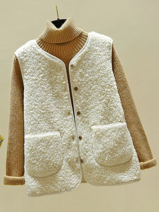 Dames Winter Teddy Fleece Gilet Met Zakken En Knopen