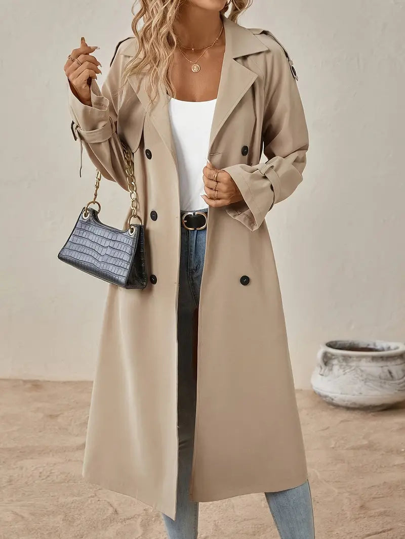 Beige Midi Trenchcoat Dubbelrijig Met Ceintuur Voor Dames
