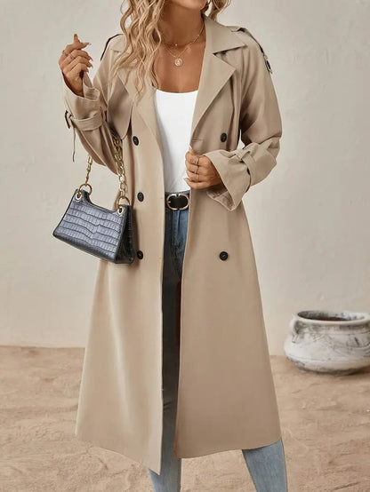 Beige Midi Trenchcoat Dubbelrijig Met Ceintuur Voor Dames