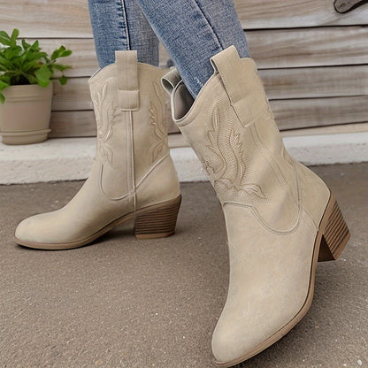 Dames Beige Western Cowboylaarzen Kuithoog Met Blokhak En Zijsrits