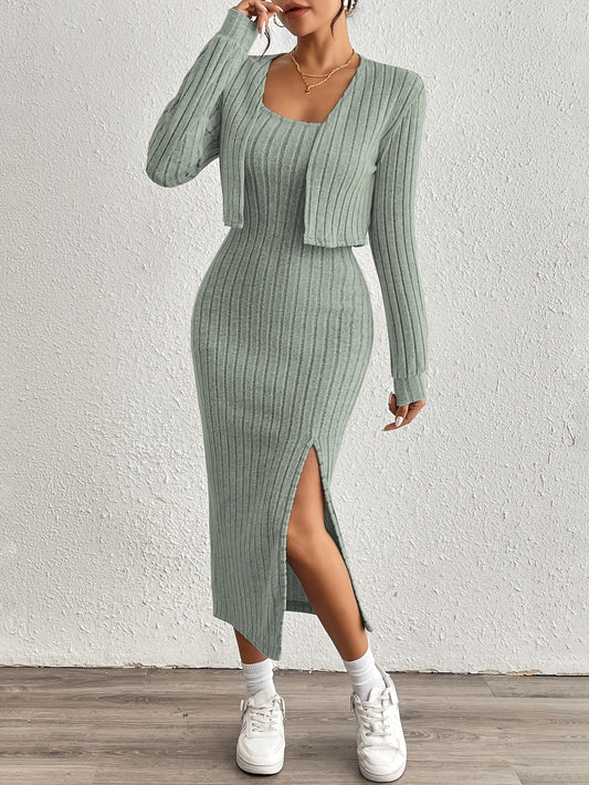 Trendy Aansluitende Midi jurk Set Voor Dames Met Kort Vest En Split