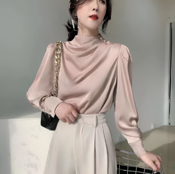 Dames Chique Blouse met Hoge Hals en Lange Mouwen