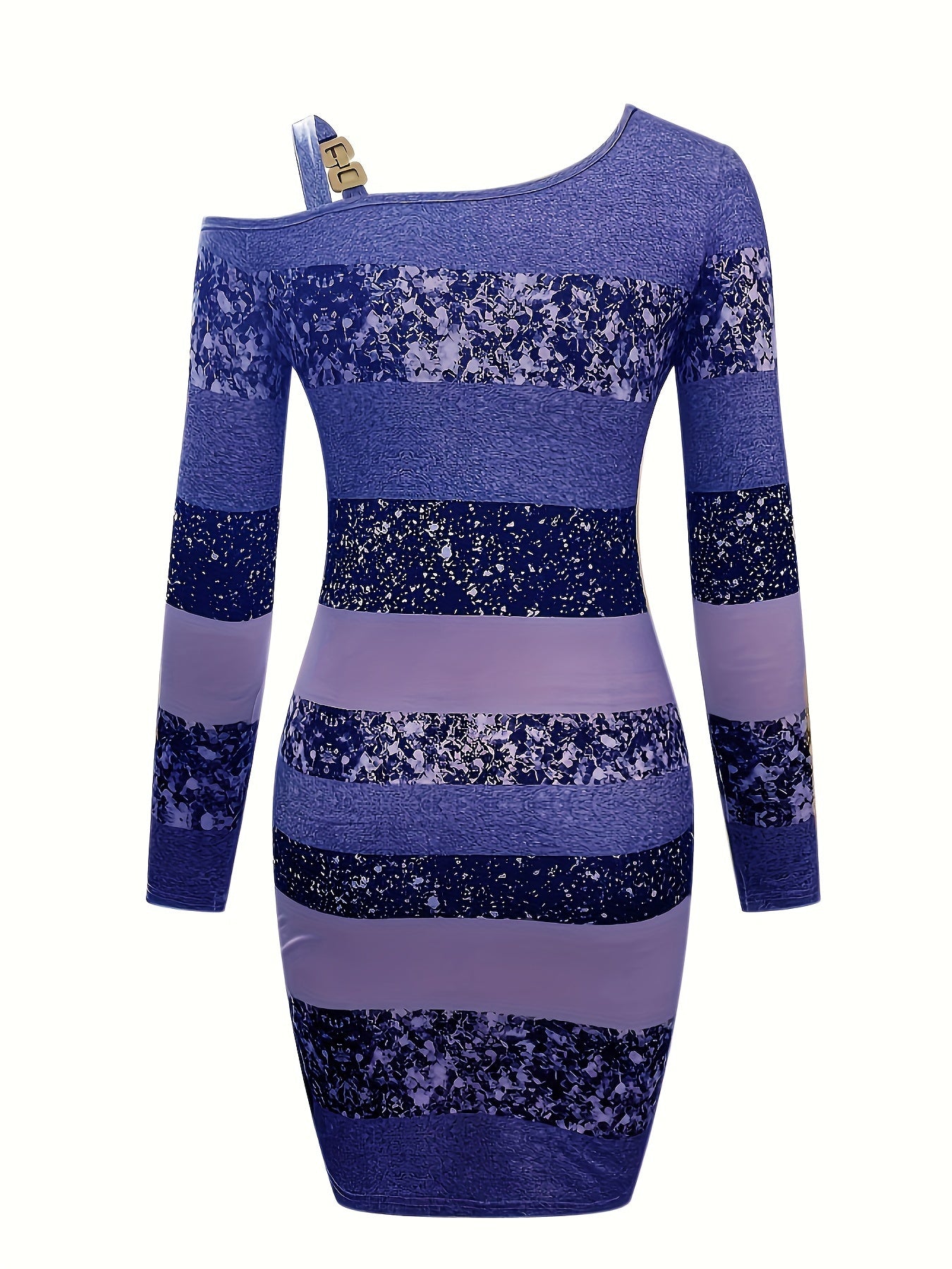 Glitter One-Shoulder Gestreepte Bodycon Mini Jurk Met Schoudergesp