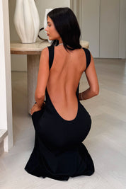 Stijlvolle Zwarte Dames Gala Maxi Jurk met Open Rug