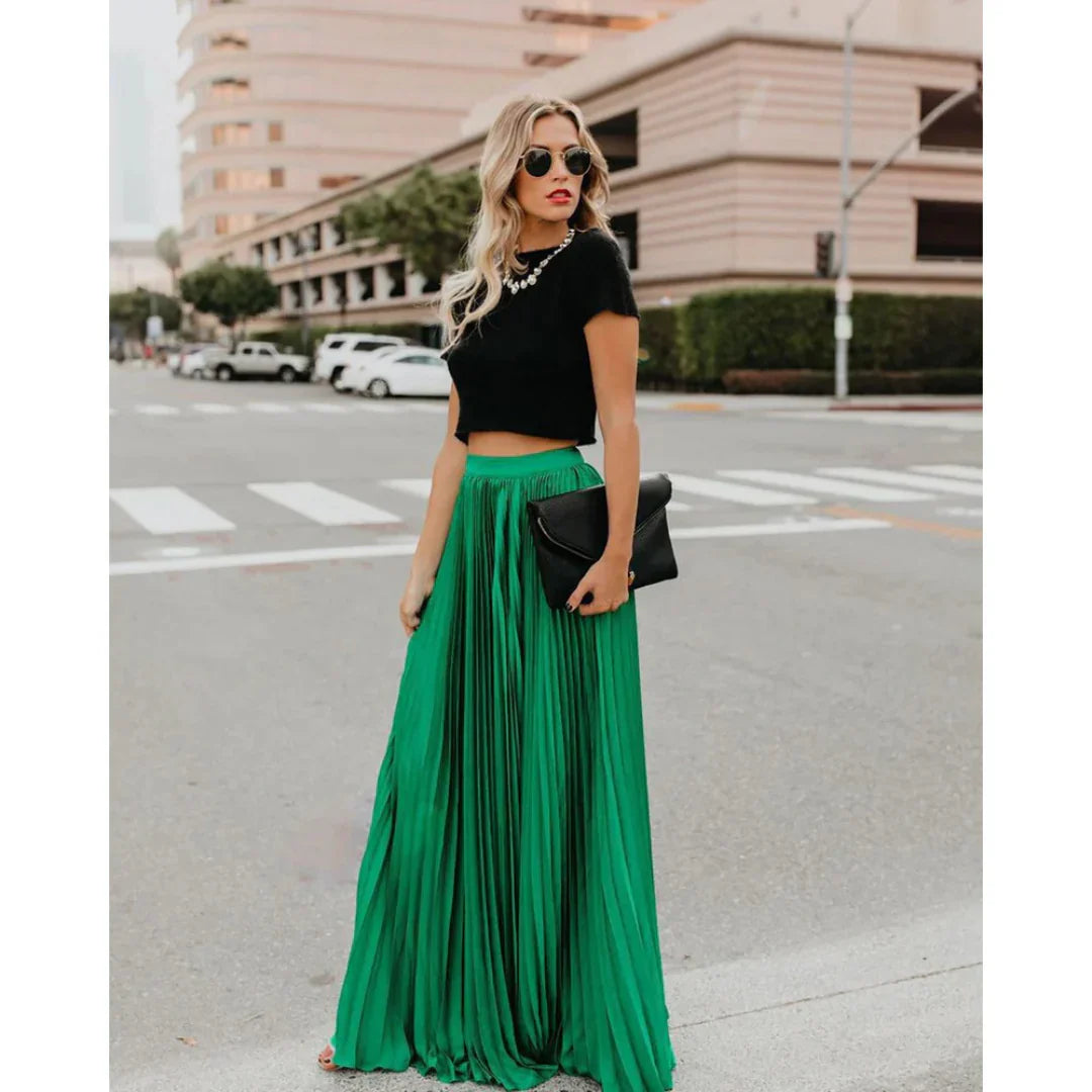 Women's Elegant Maxi Skirt with Pleated Texture and Elastic Waist