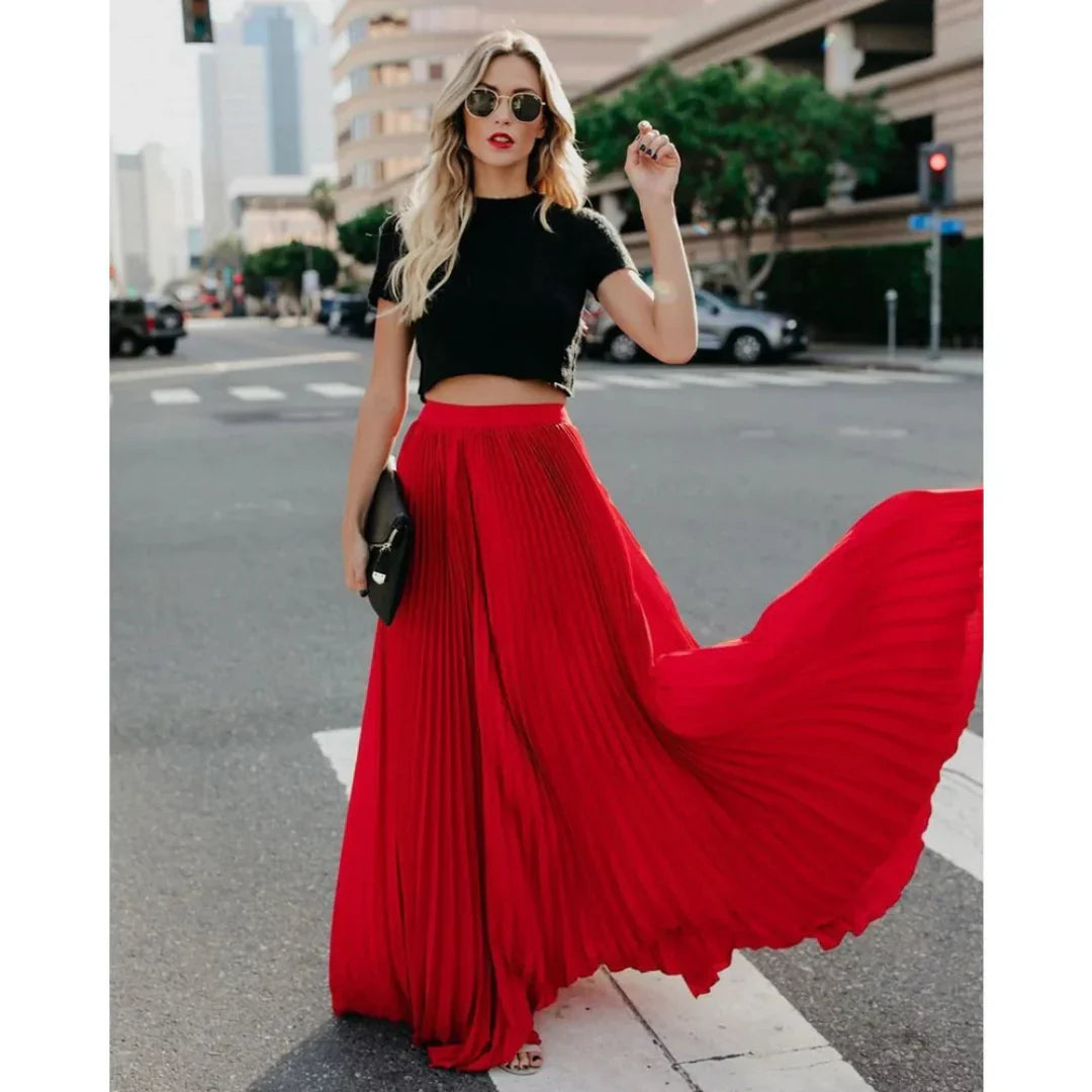 Women's Elegant Maxi Skirt with Pleated Texture and Elastic Waist