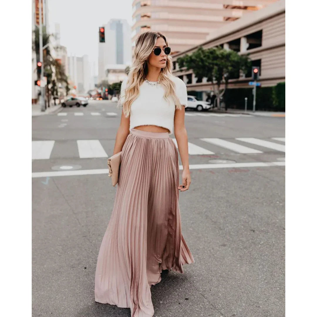 Women's Elegant Maxi Skirt with Pleated Texture and Elastic Waist