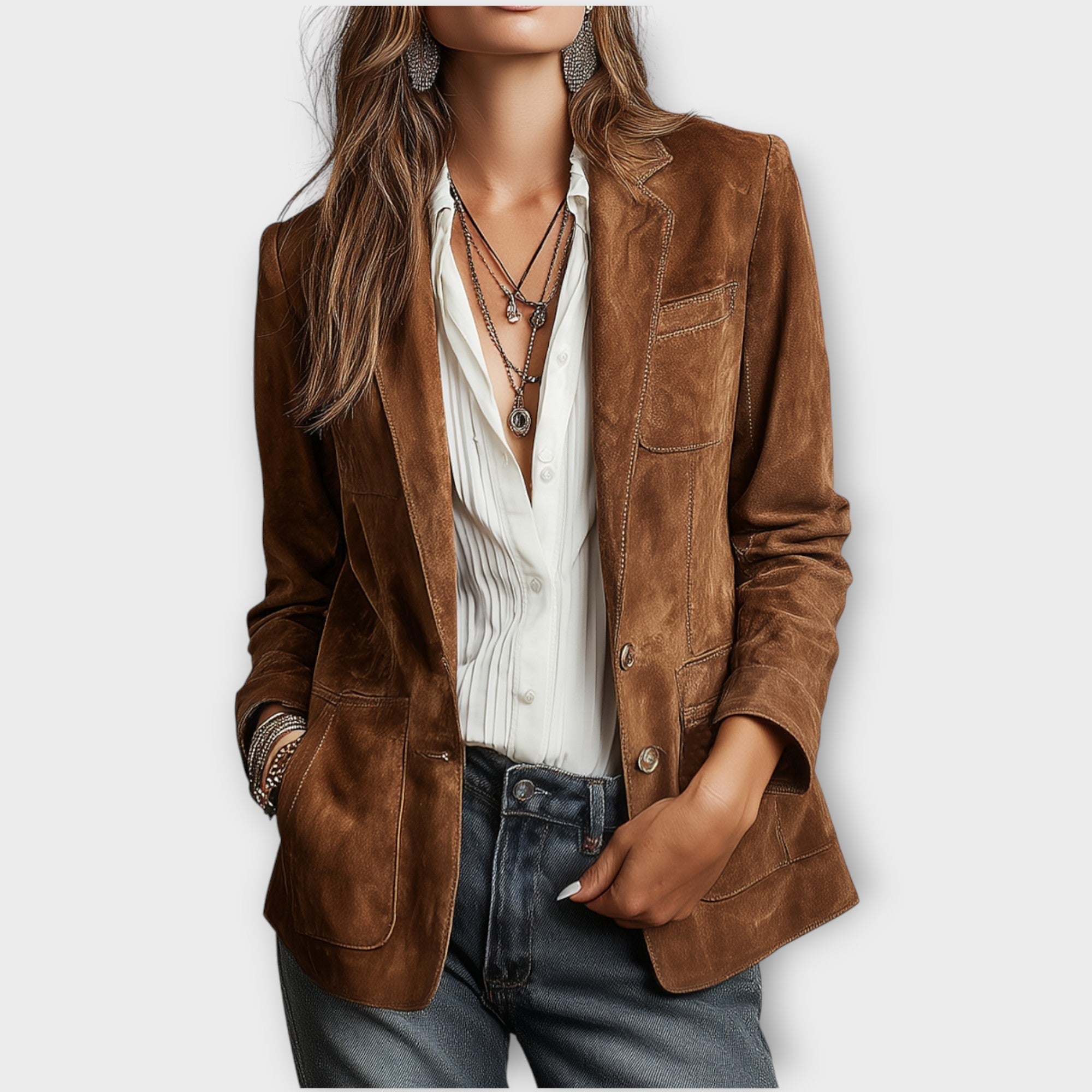Dames Verfijnde Suède Blazer met Knoopsluiting en Revers