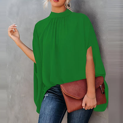 Elegante Blouse met Print en Vleermuismouwen Hoge Hals voor Dames