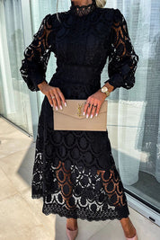 Indy-Rose - Midi dress with lace high neck and puff sleeves