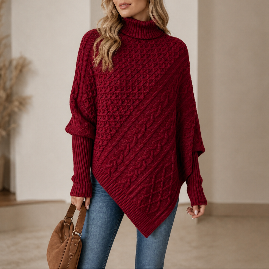 Dames Knusse Kabelgebreide Poncho Trui met Ruime Mouwen