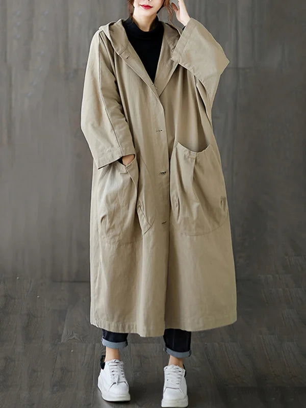 Oversized Midi Trenchcoat Met Capuchon En Grote Zakken Voor Dames