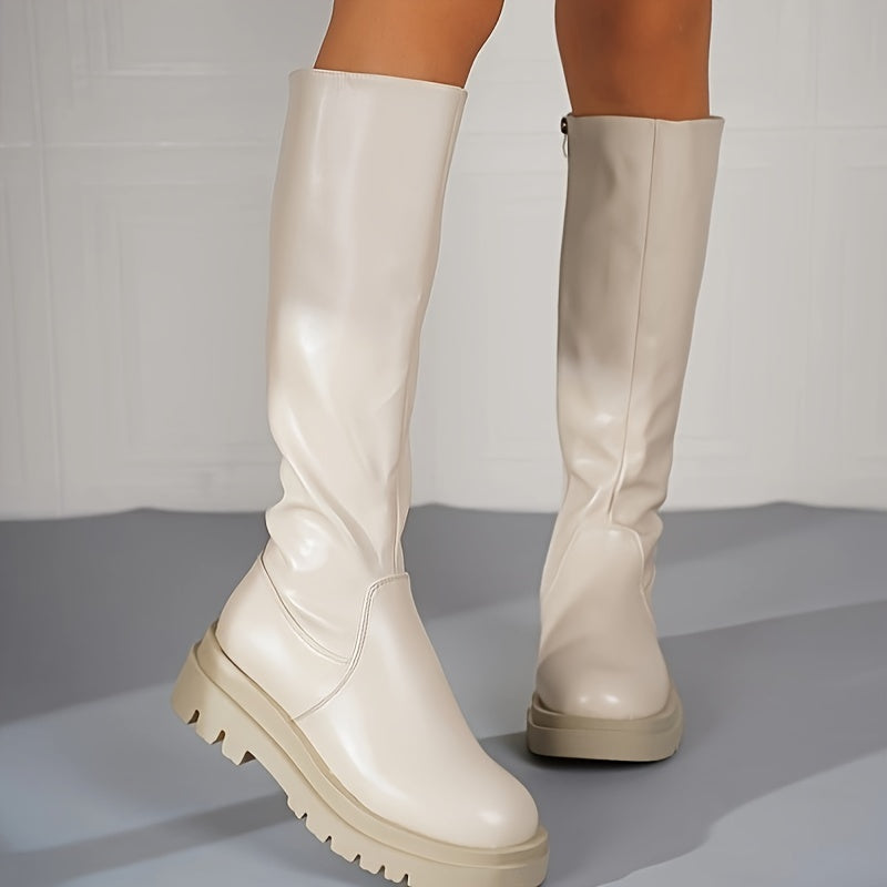 Bottes blanches montantes pour femmes avec fermeture éclair et semelle antidérapante