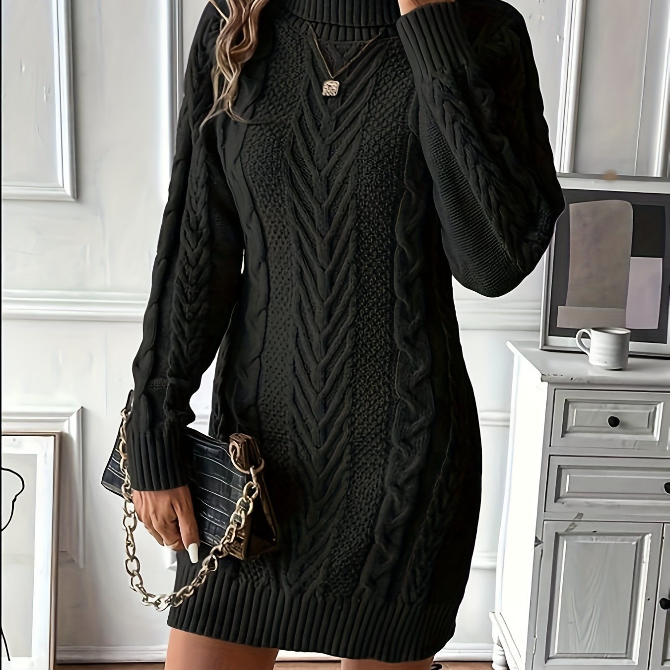 Chique Col Mini Sweaterjurk Voor Vrouwen Met Kabelpatroon