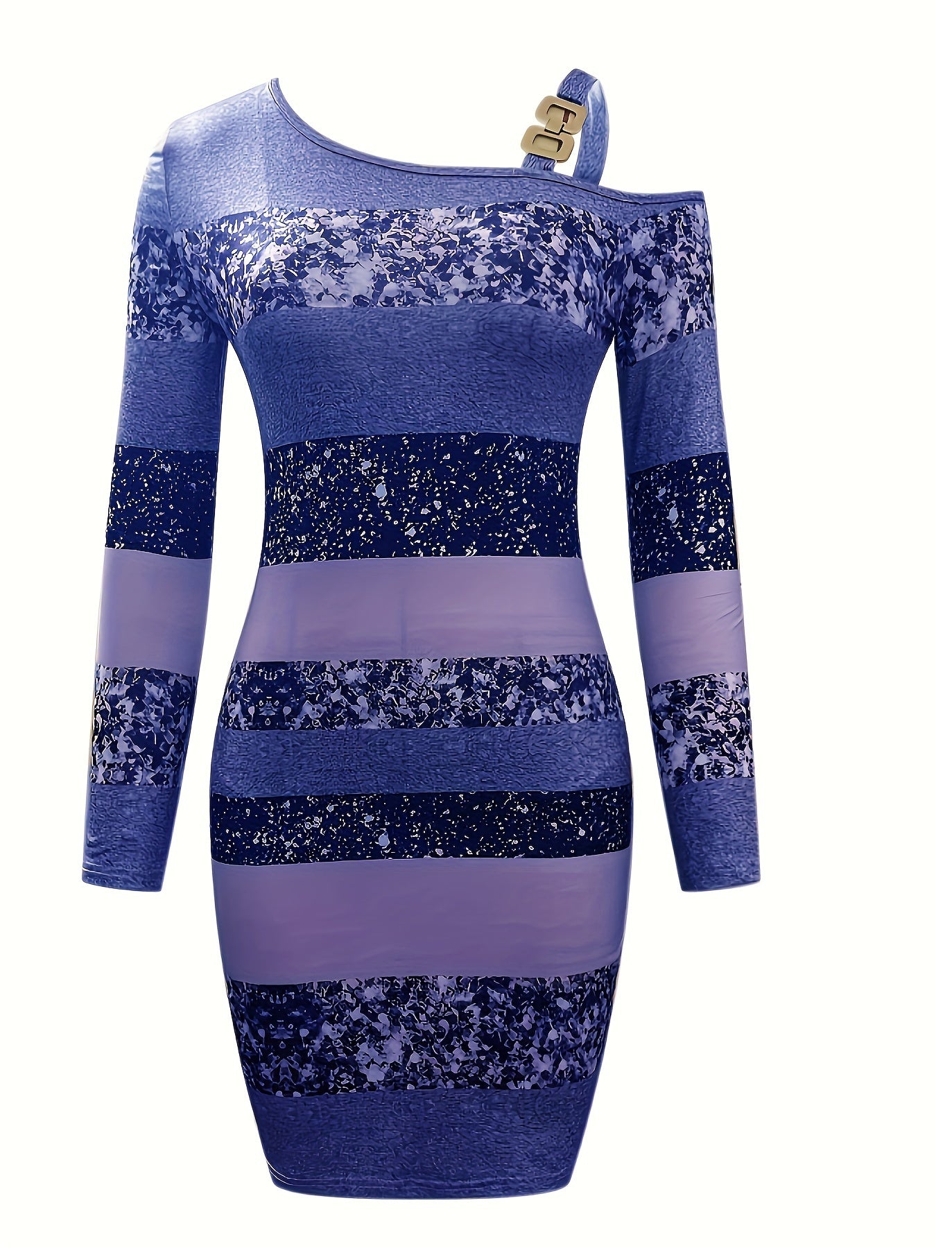 Glitter One-Shoulder Gestreepte Bodycon Mini Jurk Met Schoudergesp