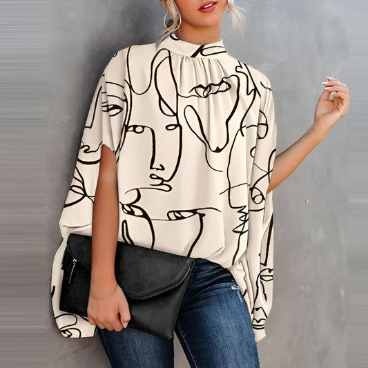 Elegante Blouse met Print en Vleermuismouwen Hoge Hals voor Dames
