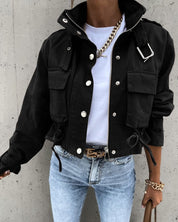 Blouson bomber court pour femmes avec poches, cordon de serrage et col montant