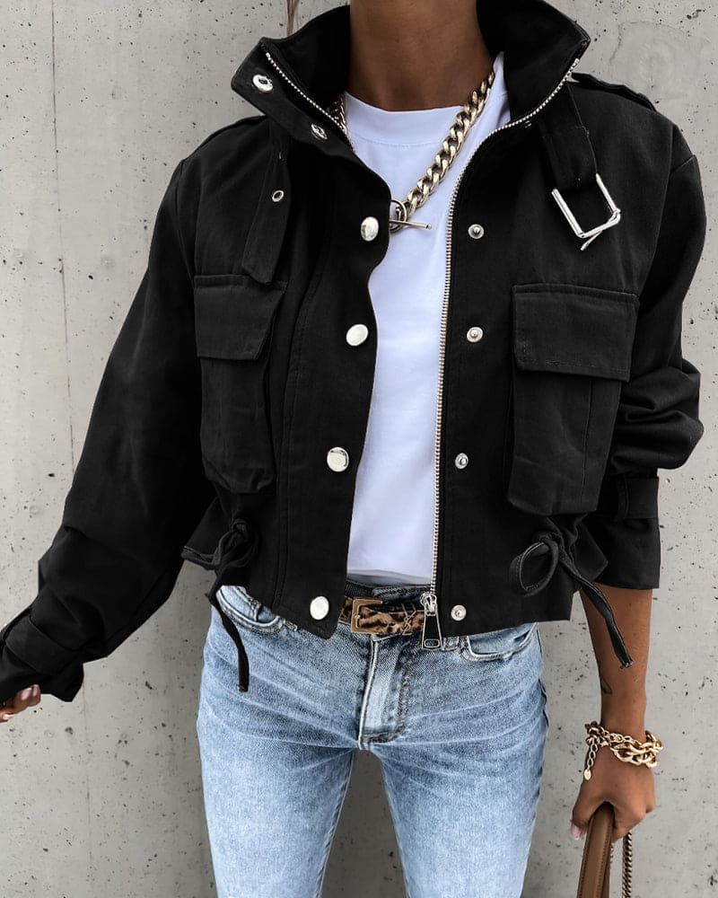 Women's Cropped Bomber Jacket with Pockets, Drawstring, and High Collar