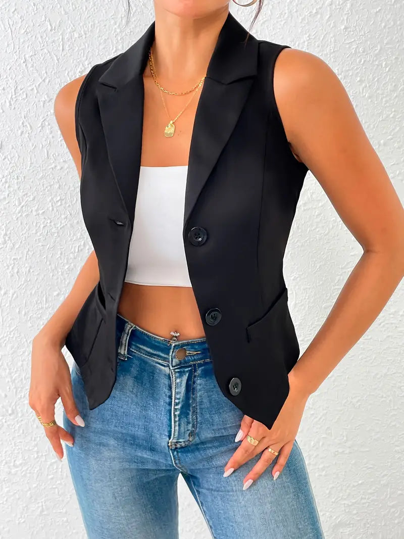 Top gilet noir cintré pour femmes, sans manches avec fermeture à boutons